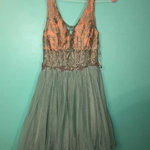 Aqua and beige prom dress